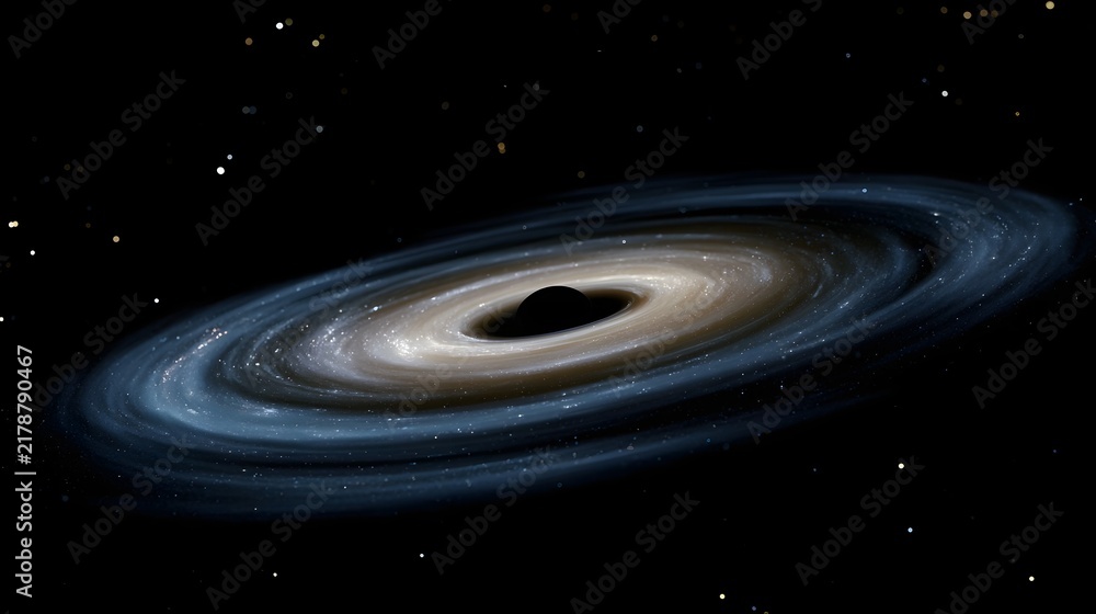Fototapeta premium A black hole with a glowing accretion disk surrounded by stars in deep space rendered with scientific precision