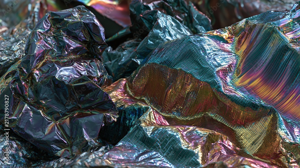 Obraz premium Crumpled iridescent holographic metallic fabric foil with teal blue and gold color spectrum texture