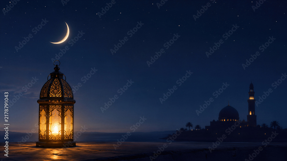 Fototapeta premium Ornate arabic lantern glowing under crescent moon and starry night sky with mosque silhouette on horizon. Mawlid celebration concept. Islamic holiday greeting card background with copy space