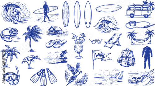 Canvas Print Vintage surfing hand drawn icons set, blue ink sketch surf elements, tropical be