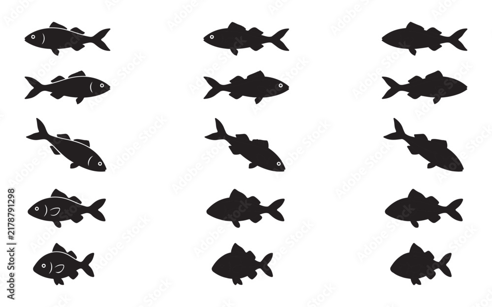 Fototapeta premium Diverse collection of 12 black silhouette fish icons depicting various freshwater and saltwater species.
