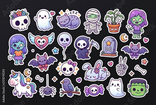 Set of cute Halloween stickers featuring ghosts, skulls, bats and spooky characters. Concept of playful Halloween characters and spooky-cute decorations.