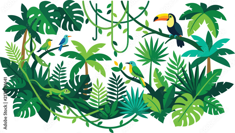 Fototapeta premium Tropical jungle scene with exotic birds and green palm leaves isolated on a white background