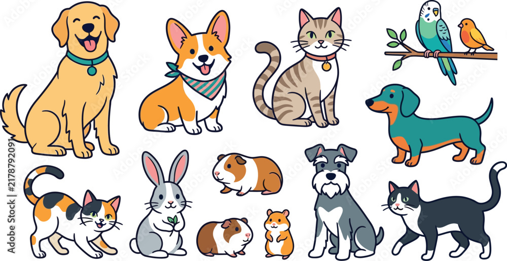 Obraz premium Collection of cute cartoon pet animals including dogs cats rabbits birds hamster and guinea pig isolated on white