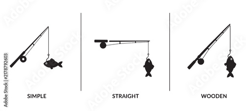 Fishing rods with hooked fish silhouettes collection categorized by simple straight and wooden.