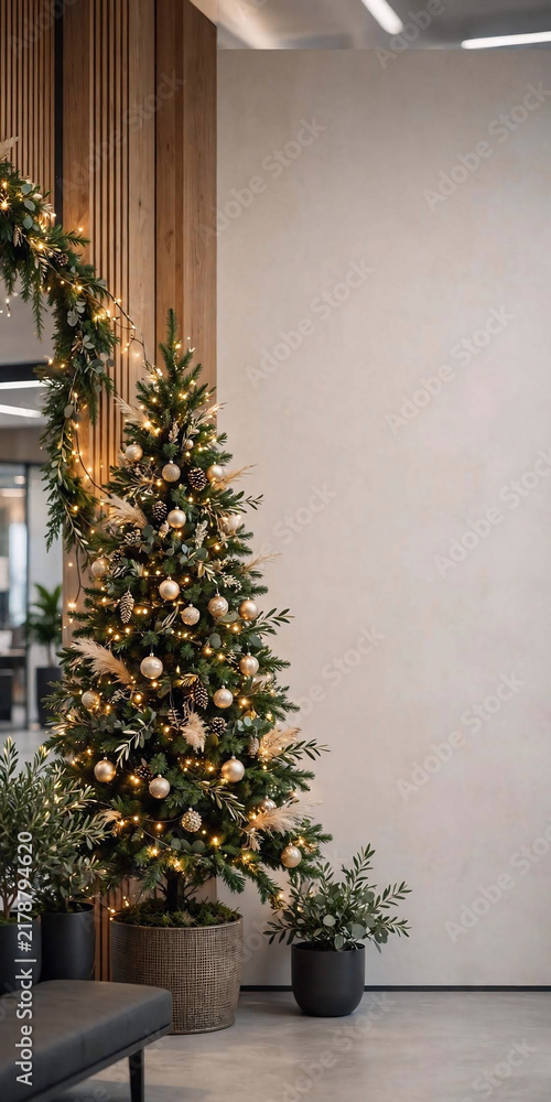 Fototapeta premium Elegant Christmas Tree with Golden Ornaments and Warm Lights in Modern Interior