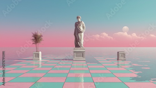 Vaporwave architectural dreamscape with classical columns, statues, gold accents, geometric shapes, reflective checkered floor, pastel sky, water, and surreal sunset