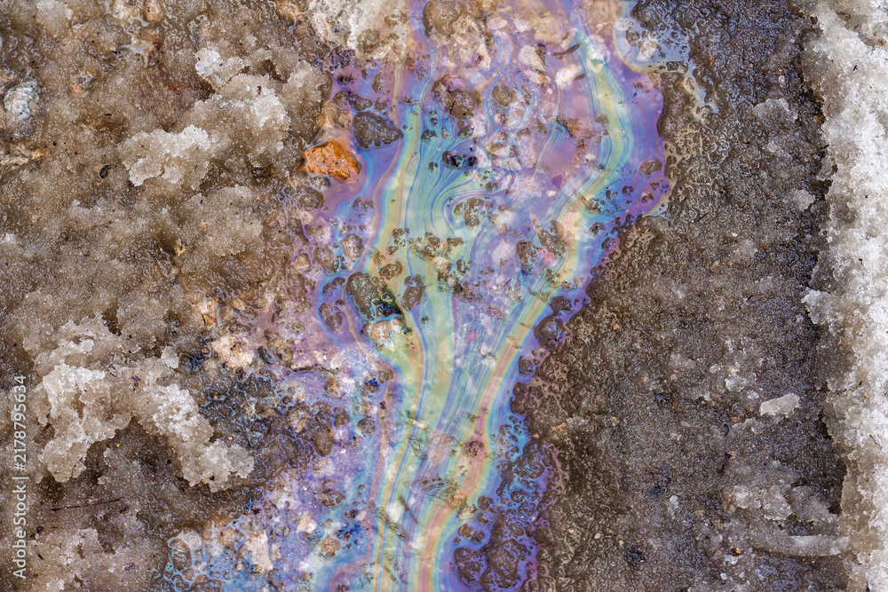 Obraz premium Iridescent oil slick flowing on melting dirty snow on a spring road, chemical pollution mixing with puddles, vibrant rainbow patterns reflecting on the wet ground surface