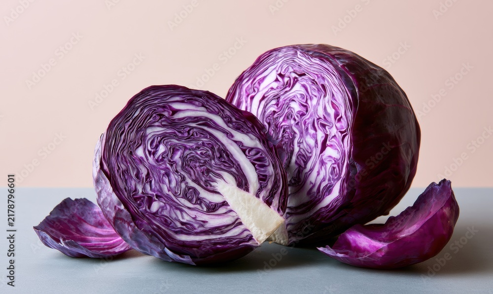 Fototapeta premium Sliced red cabbage with vibrant purple interior