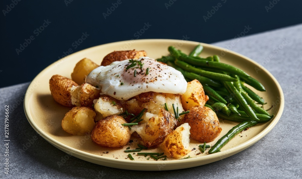 Fototapeta premium Delicious breakfast featuring poached egg, roasted potatoes