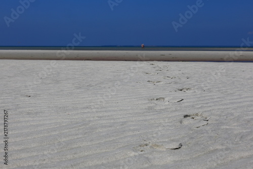 Принти на полотні Footprints across white sandy beach left by barefoot vacationer