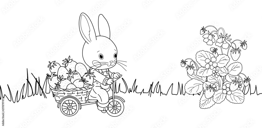 Fototapeta premium Coloring book page with cute bunny riding tricycle with strawberry basket. Line art vector illustration with garden plants, grass. For kids, educational materials, summer, harvested themes.