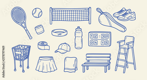 Set of tennis sport equipment icons, including racket, ball, net, shoes, scoreboard, and accessories in a handdrawn doodle style