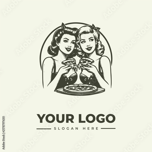 Vintage style logo design featuring two beautiful pinup girls eating delicious pizza slices.