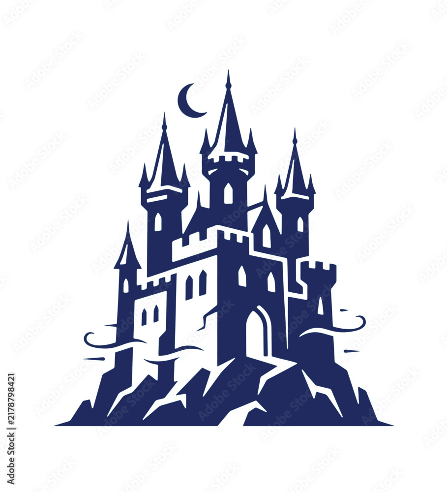 Fototapeta premium A mysterious Halloween castle silhouette with tall towers, a crescent moon, and an eerie night atmosphere in a modern minimalist style Illustrator Artwork Design Template