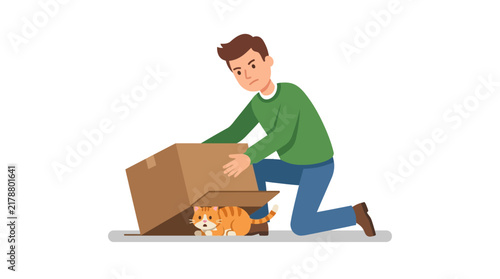 Obraz na plátně Man attempting to coax orange tabby cat from cardboard box vector illustration