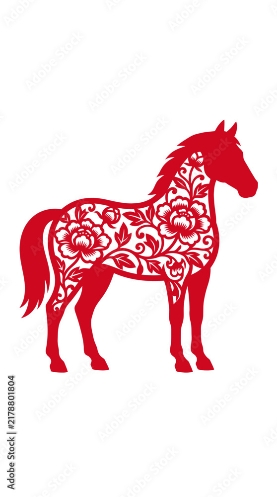 Obraz premium Chinese zodiac year of the horse red paper cut vector illustration with traditional oriental floral pattern isolated on white background.