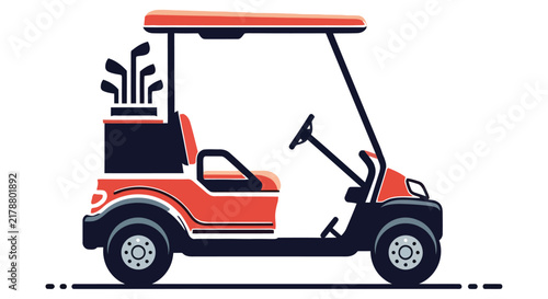Red and black golf cart illustration with golf clubs in the back on a white background