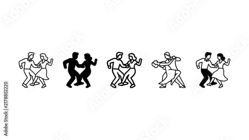 Set of dancing couple icons showing people in various dance moves isolated on white background