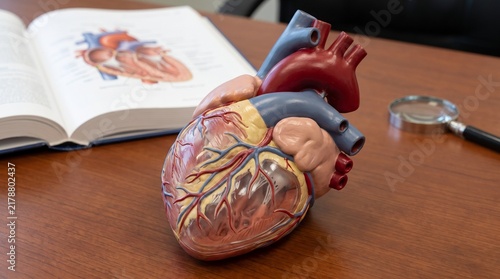 Detailed anatomical heart model on wooden surface, red and blue vessels highlighted, educational display of human cardiovascular system in natural light.