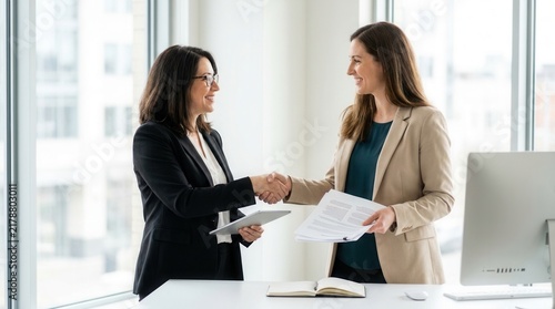 Two happy diverse professional women colleagues shaking hands in a modern coworking office to finalize a meeting.