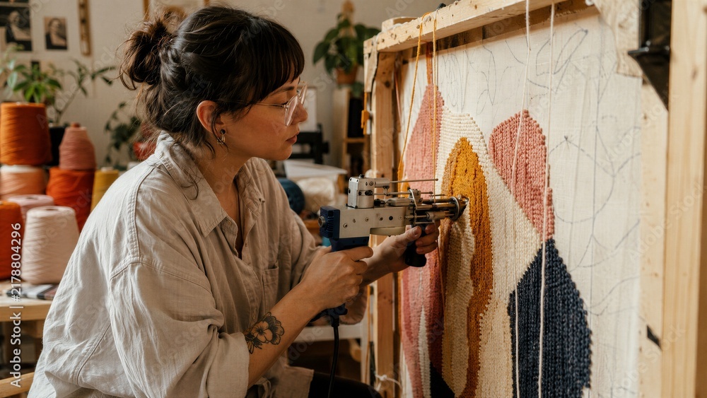 Naklejka premium Young woman with glasses works intently on a large abstract tapestry using a professional rug tufting machine in an art workshop.