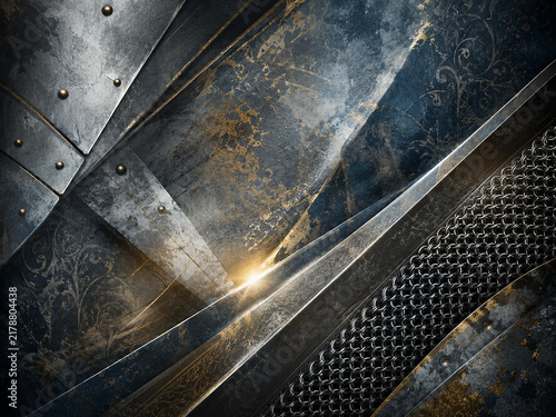 Abstract close-up of medieval knight armor featuring overlapping steel plates, dark metallic textures and subtle golden highlights.