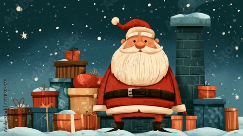 Santa stands in front of a pile of gifts near a chimney under a starry sky during the winter holiday season