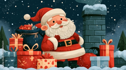 Santa Claus stands next to a chimney surrounded by gifts in a snowy scene on a winter night