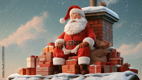 Santa Claus sitting on a chimney surrounded by presents in a winter scene