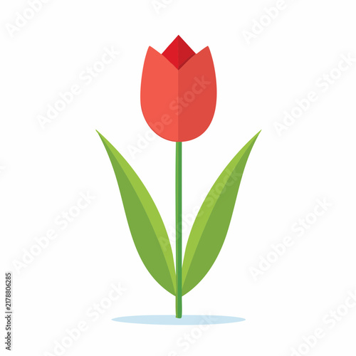 Minimalistyczna, wektorowa ilustracja symetrycznego tulipana o czerwono-pomarańczowych płatkach i dwóch zielonych liściach.