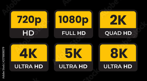 Resolution quality labels for video and image formats featuring pixel density and display standards.