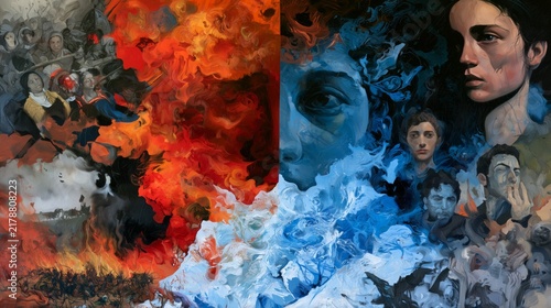 Exploring the duality of life through fire and ice, peace and war, joy and sorrow in a vivid artwork
