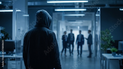 Hooded figure observes business people in modern office hallway