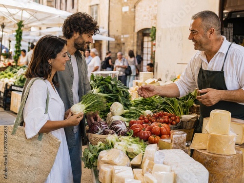 Paar kauft frische Produkte auf einem italienischen Wochenmarkt und erlebt regionale Kulinarik, persönliche Begegnungen und authentischen lokalen Tourismus.