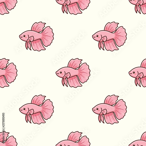 Pink Betta Fish Swimming in Seamless Pattern Design on Cream Background