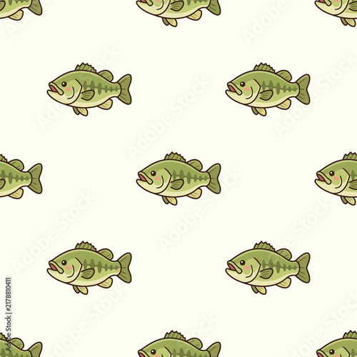 Seamless Pattern of Cute Cartoon Bass Fish Swimming on Light Background