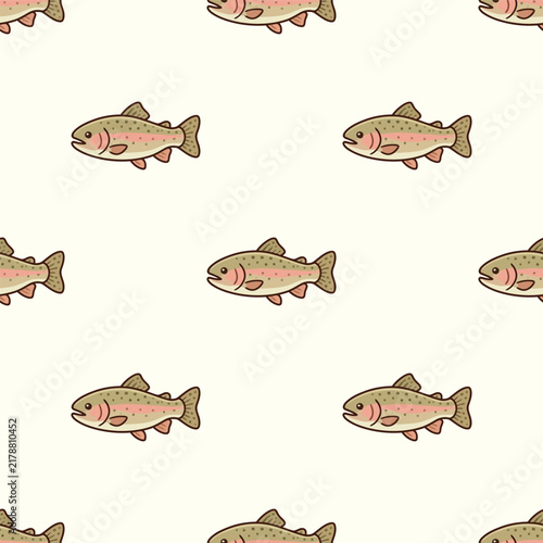 Cute Rainbow Trout Fish Swimming in Seamless Pattern Design on Cream Background