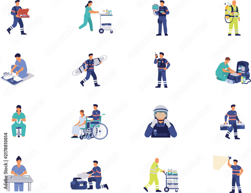 Fototapeta premium Emergency service workers with medical gear and paramedic equipment collection for first aid response site activities.