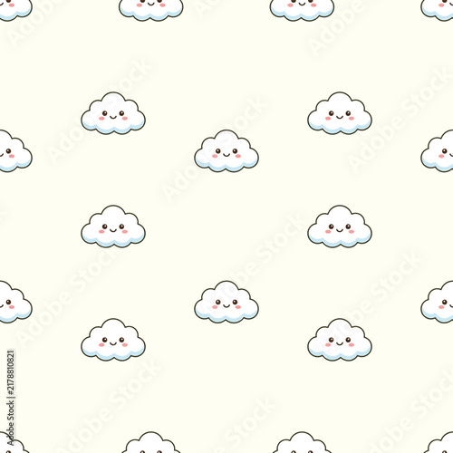 Kawaii Clouds Smiling in a Seamless Pattern on Pale Yellow Background