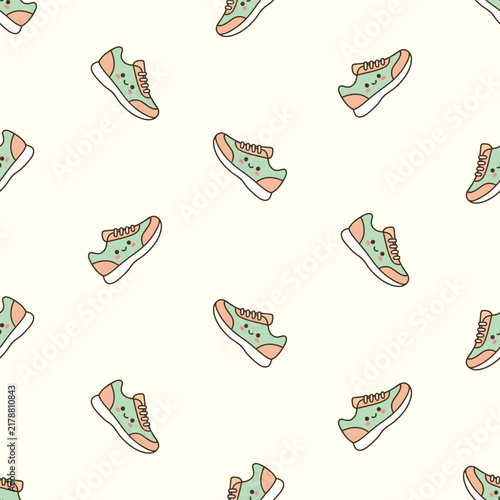 Kawaii Sneakers Smiling on Pastel Seamless Pattern Background