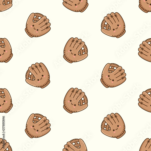 Cute Baseball Glove Seamless Pattern with Kawaii Faces on Light Background