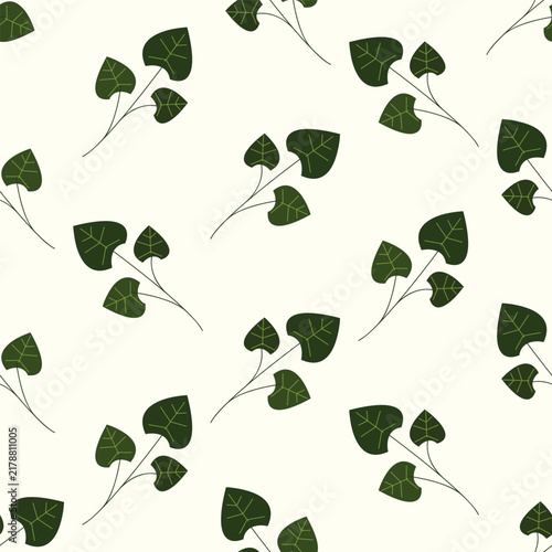 Green heart-shaped leaves on stems repeating in a seamless botanical pattern