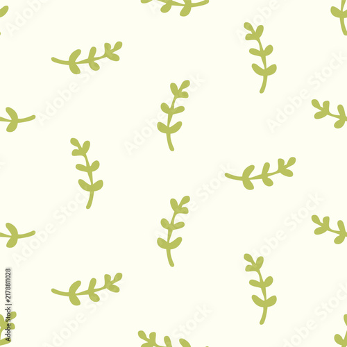 Minimalist Green Leaf Branches Seamless Pattern on Off-White Background
