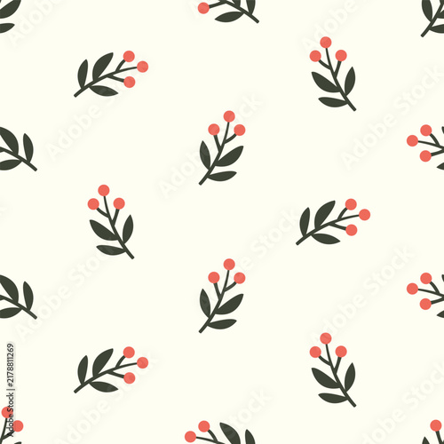 Stylized Green Twigs and Red Berries Seamless Pattern Background