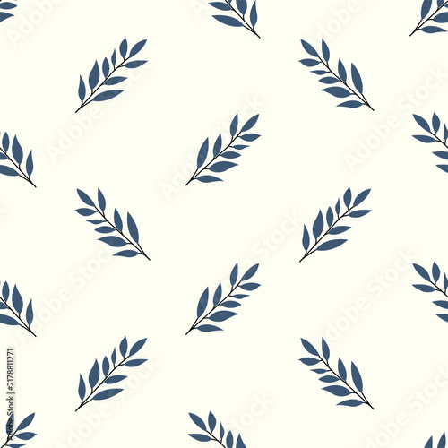 Blue leaf sprigs repeating in seamless botanical wallpaper pattern