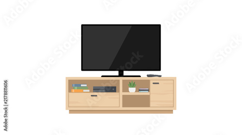 Foto Flat vector illustration of a television set with a wooden entertainment center
