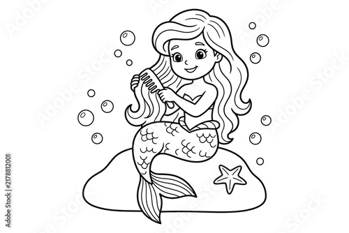 Charming mermaid coloring page for kids an underwater adventure with bubbles and a starfish