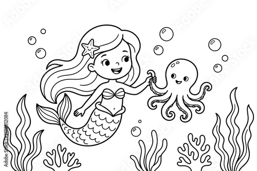 A delightful mermaid and octopus coloring page for kids perfect for creative underwater adventures