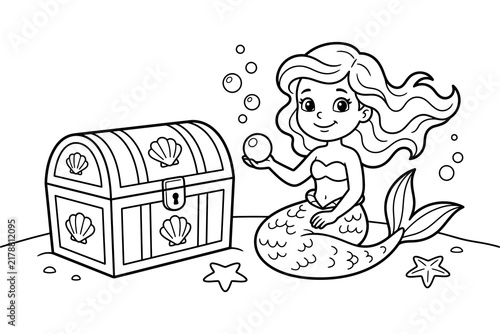 A delightful mermaid discovers a treasure chest full of wonders perfect for coloring fun